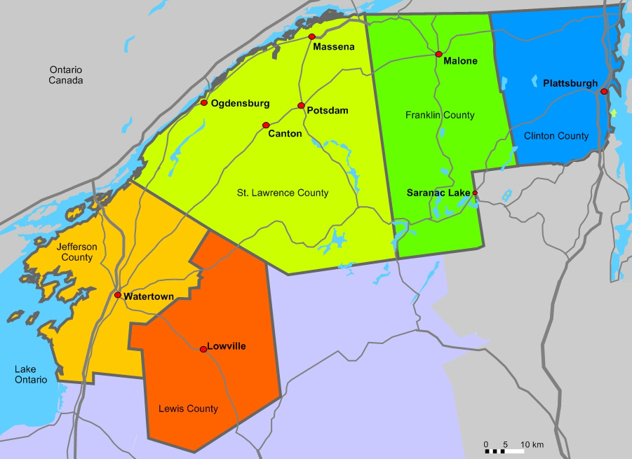 Map of the counties in North Country New York