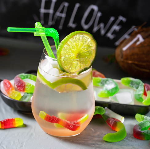 halloween cocktails, halloween drinks, beverages, halloween ideas, halloween party ideas, eyeball icecubes, non-acoholic, candy, sour gummy worms, creepy crawlies, coconut water, lime