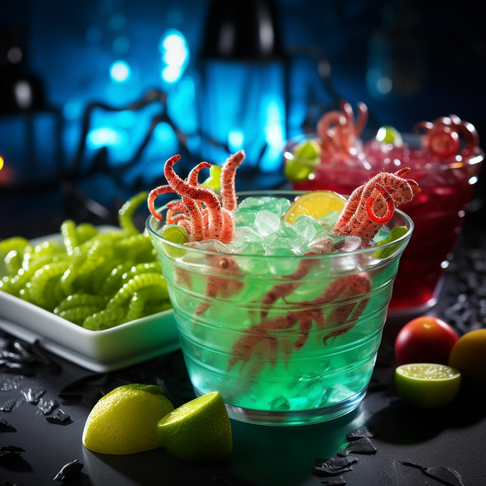 halloween cocktails, halloween drinks, beverages, halloween ideas, halloween party ideas, eyeball icecubes, non-acoholic, candy, sour gummy worms, creepy crawlies, coconut water