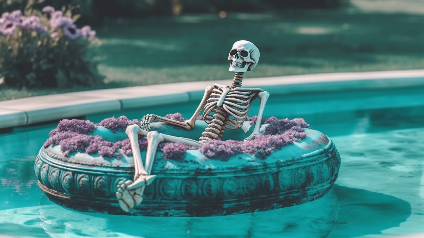 summerween, skeleton pool, skeleton enjoying the summertime on a floatie, pool floatie
