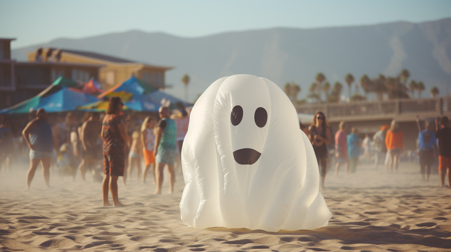 inflatable ghost, summerween, halloween summer party, halfway to halloween, summerween beach party